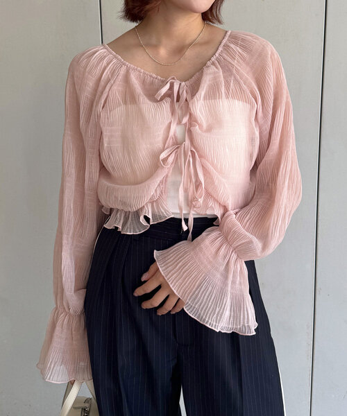 mline（エムライン）の「[mline]シアー楊柳クロップドブラウス（シャツ/ブラウス・レディース・ブラック/アイボリー/ブルー/ピンク/オフホワイト・FREE）」の5枚目の写真
