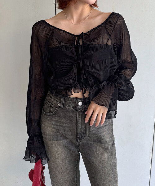 mline（エムライン）の「[mline]シアー楊柳クロップドブラウス（シャツ/ブラウス・レディース・ブラック/アイボリー/ブルー/ピンク/オフホワイト・FREE）」の4枚目の写真