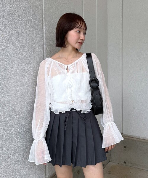 mline（エムライン）の「[mline]シアー楊柳クロップドブラウス（シャツ/ブラウス・レディース・ブラック/アイボリー/ブルー/ピンク/オフホワイト・FREE）」の9枚目の写真