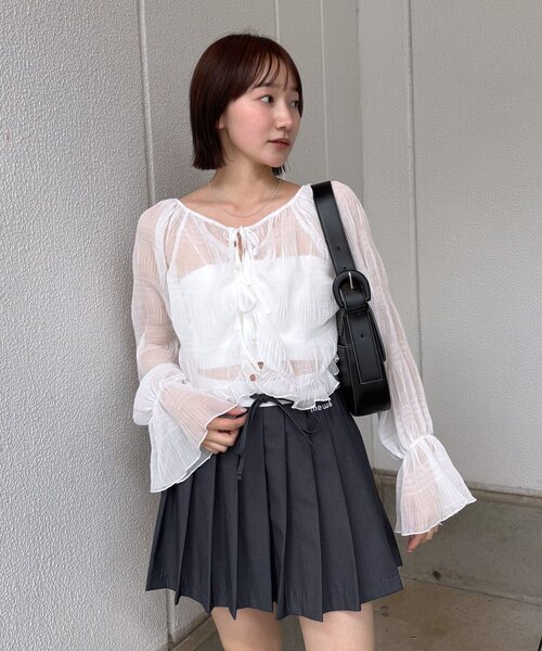 mline（エムライン）の「[mline]シアー楊柳クロップドブラウス（シャツ/ブラウス・レディース・ブラック/アイボリー/ブルー/ピンク/オフホワイト・FREE）」の10枚目の写真