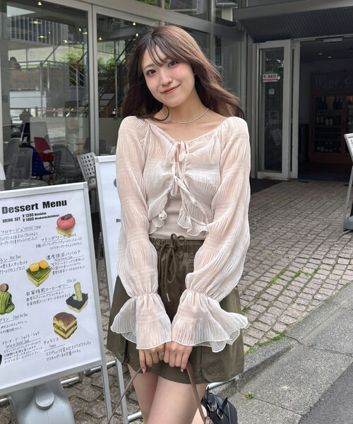 mline（エムライン）の「[mline]シアー楊柳クロップドブラウス（シャツ/ブラウス・レディース・ブラック/アイボリー/ブルー/ピンク/オフホワイト・FREE）」の13枚目の写真