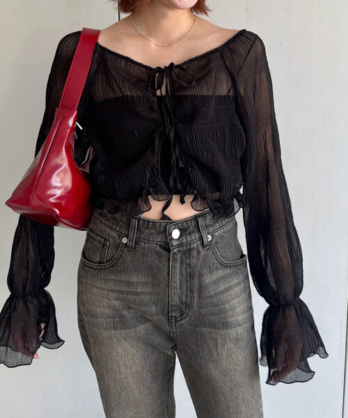 mline（エムライン）の「[mline]シアー楊柳クロップドブラウス（シャツ/ブラウス・レディース・ブラック/アイボリー/ブルー/ピンク/オフホワイト・FREE）」の18枚目の写真
