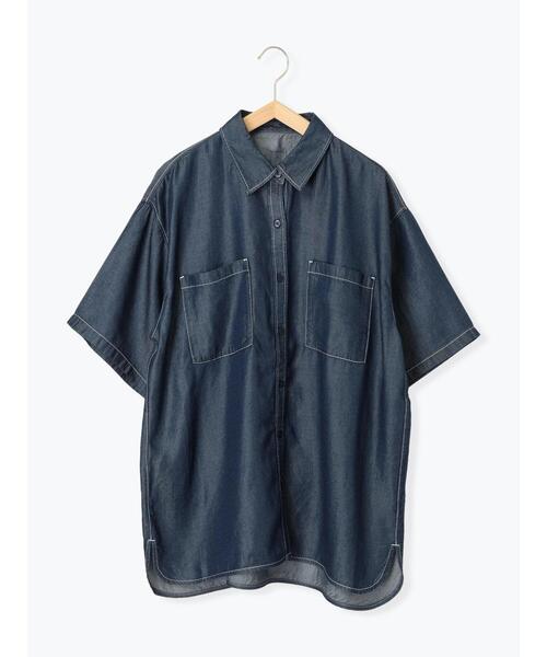 サマンサモスモスブルー 【接触冷感】クールデニムボクシーシャツ新品ネイビー サマンサモスモス ブルー Samansa Mos2 blue 【接触冷感】クール