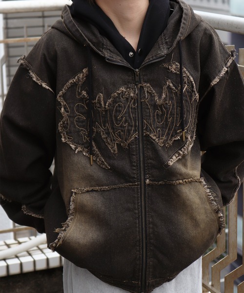 トライバル刺繍 フリンジ デニム ヴィンテージ加工 フルジップパーカー