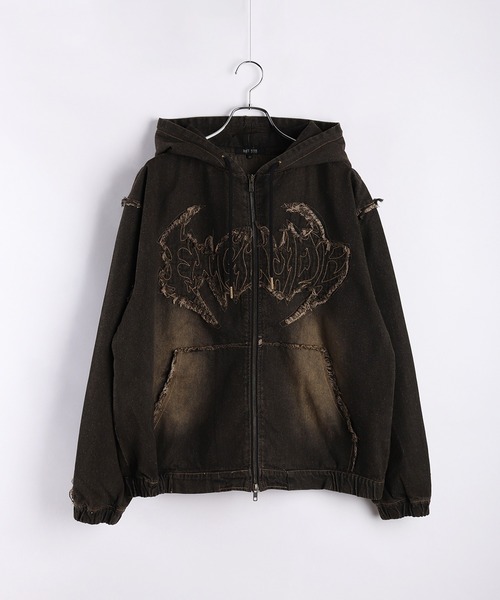 セール】トライバル刺繍 フリンジ デニム ヴィンテージ加工 フルジップ