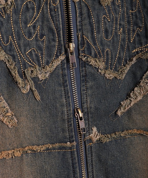 WESTSEA(ウエストシー)の「トライバル刺繍 フリンジ デニム ヴィンテージ加工 フルジップパーカー(パーカー・メンズ・ブラック/ブルー・L/M)」の12枚目の写真