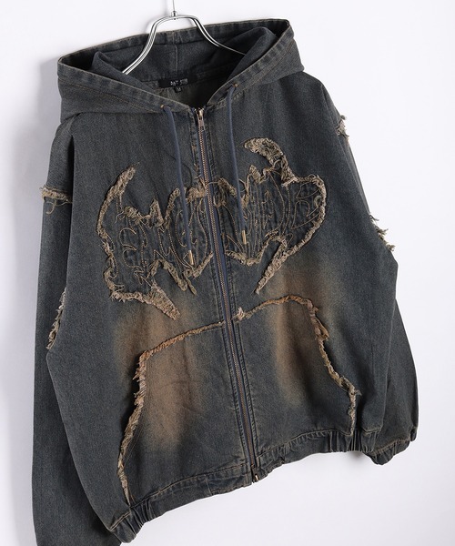 WESTSEA(ウエストシー)の「トライバル刺繍 フリンジ デニム ヴィンテージ加工 フルジップパーカー(パーカー・メンズ・ブラック/ブルー・L/M)」の9枚目の写真