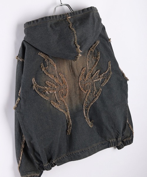 セール】トライバル刺繍 フリンジ デニム ヴィンテージ加工 フルジップ