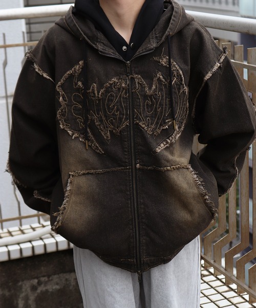 セール】トライバル刺繍 フリンジ デニム ヴィンテージ加工 フルジップ