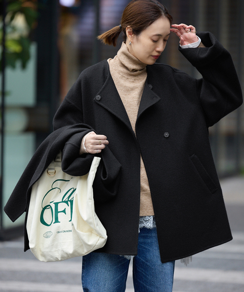 ストール付き/》SUPER140 ダブルフェイスノーカラーコート