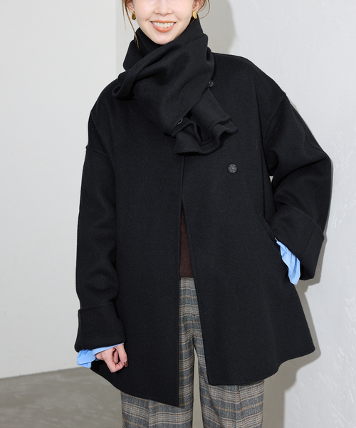 ストール付き》SUPER140 ダブルフェイスノーカラーコート・ストール