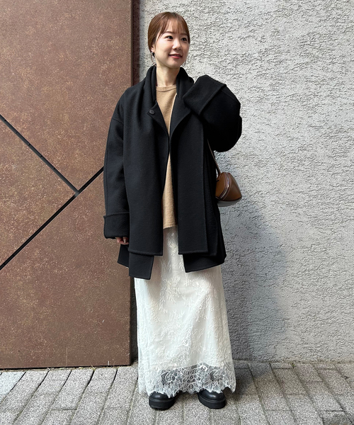 ストール付き》SUPER140 ダブルフェイスノーカラーコート・ストール