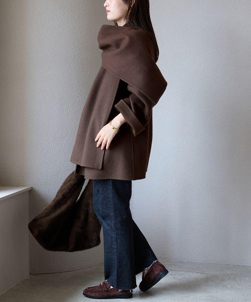 ストール付き/》SUPER140 ダブルフェイスノーカラーコート