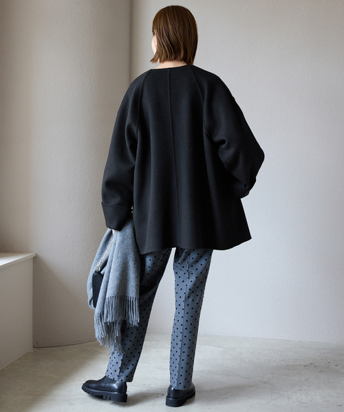 ストール付き》SUPER140 ダブルフェイスノーカラーコート・ストール