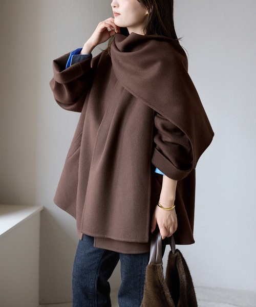 ストール付き/》SUPER140 ダブルフェイスノーカラーコート