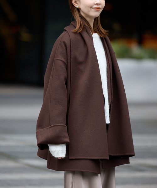 ストール付き/》SUPER140 ダブルフェイスノーカラーコート