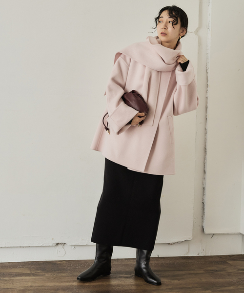 ストール付き/》SUPER140 ダブルフェイスノーカラーコート・ストール