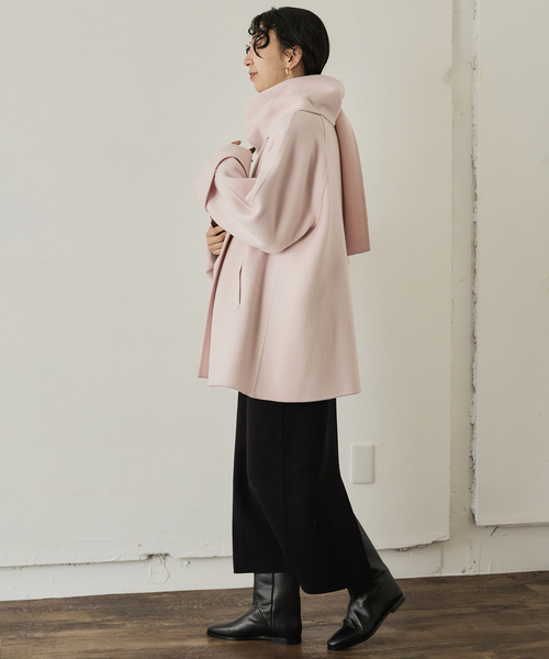 ストール付き》SUPER140 ダブルフェイスノーカラーコート・ストール