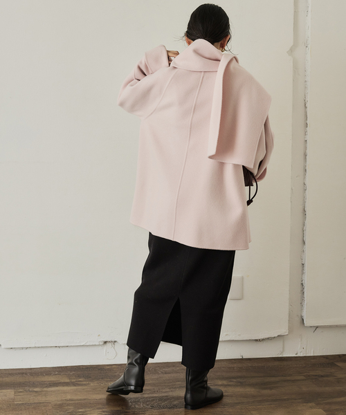 ストール付き》SUPER140 ダブルフェイスノーカラーコート・ストール