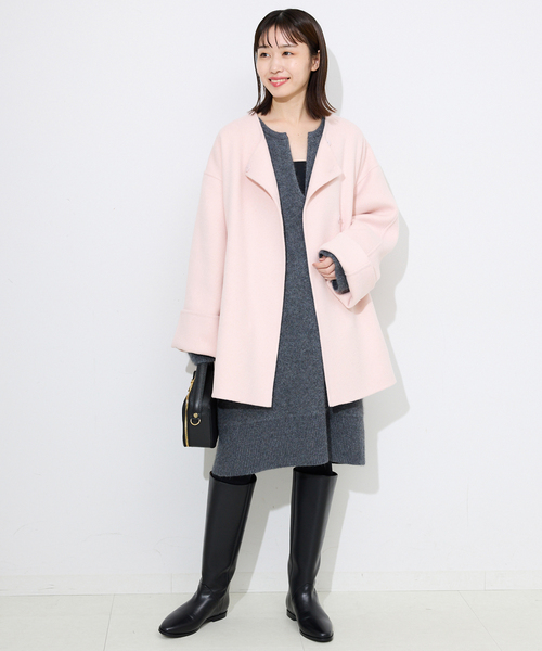 ストール付き》SUPER140 ダブルフェイスノーカラーコート・ストール