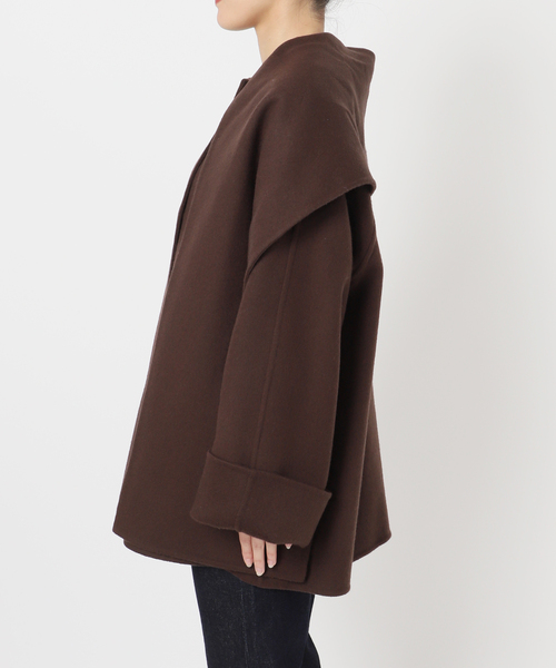 ストール付き/》SUPER140 ダブルフェイスノーカラーコート・ストール