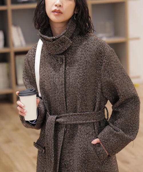 ◇スタンドカラーミドル丈ツイードコート（ステンカラーコート