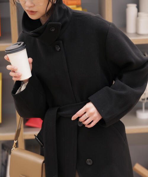 FREE'S MART(フリーズマート)の「◆スタンドカラーミドル丈ツイードコート(ステンカラーコート・レディース・ブラック系その他/ブラック/ブラウン系その他・MEDIUM/SMALL)」の2枚目の写真
