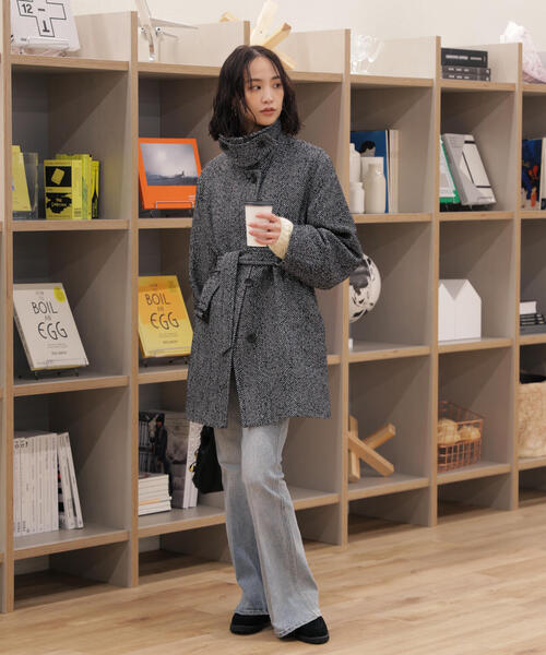 ◇スタンドカラーミドル丈ツイードコート（ステンカラーコート