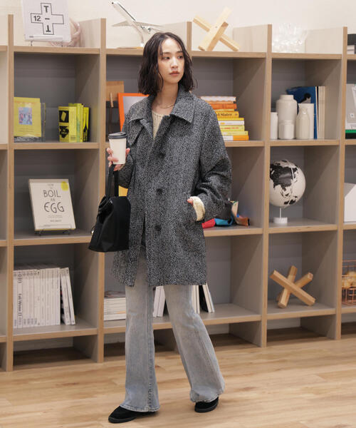 ◇スタンドカラーミドル丈ツイードコート（ステンカラーコート