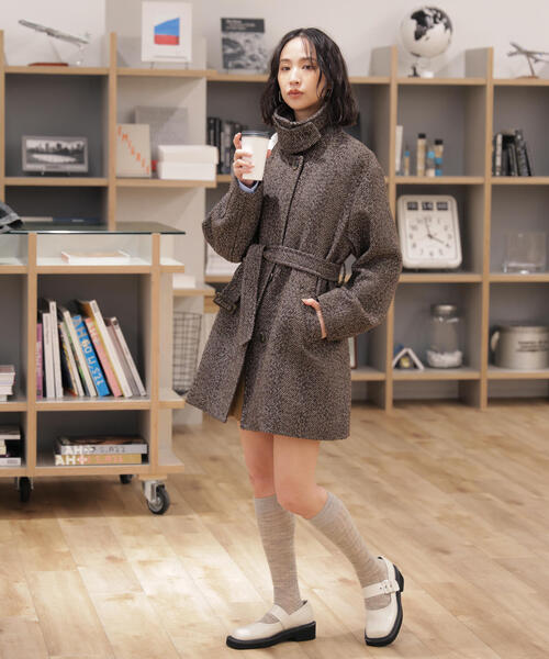 ◇スタンドカラーミドル丈ツイードコート（ステンカラーコート