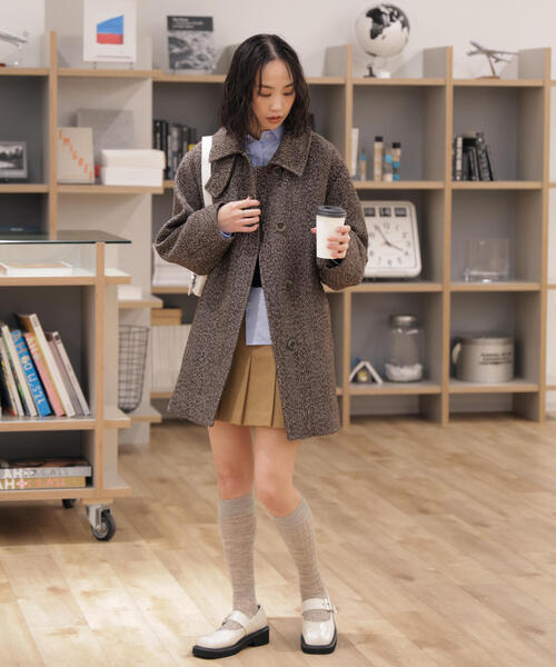 ◇スタンドカラーミドル丈ツイードコート（ステンカラーコート