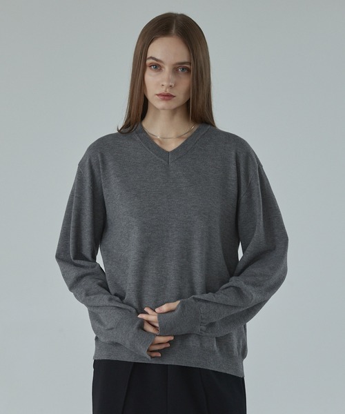 VAGIE グレー Vネック セーター CALLNE】V-neck Long Sleeve Knit / Vネックロングスリーブニット