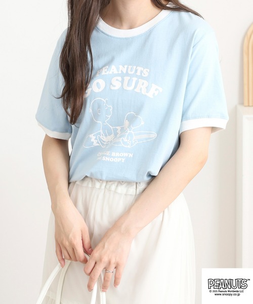 PEANUTS(ピーナッツ)の「PEANUTS 友達柄天竺半袖リンガーTシャツ(Tシャツ/カットソー・メンズ・サックスブルー/ライトカーキ/ライトパープル/チャコール/オートミール/ベージュ・M/L/LL)」の12枚目の写真