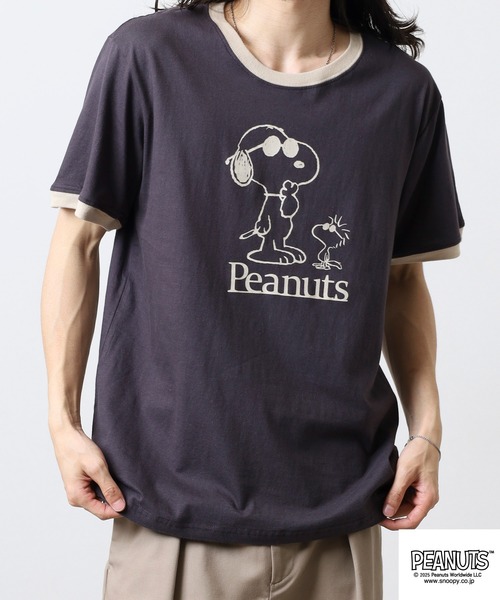 PEANUTS(ピーナッツ)の「PEANUTS 友達柄天竺半袖リンガーTシャツ(Tシャツ/カットソー・メンズ・サックスブルー/ライトカーキ/ライトパープル/チャコール/オートミール/ベージュ・M/L/LL)」の10枚目の写真