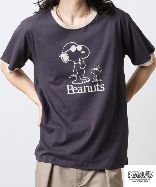 PEANUTS(ピーナッツ)の「PEANUTS 友達柄天竺半袖リンガーTシャツ(Tシャツ/カットソー・メンズ・サックスブルー/ライトカーキ/ライトパープル/チャコール/オートミール/ベージュ・M/L/LL)」の9枚目の写真
