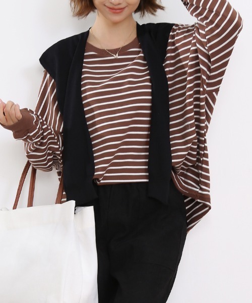 ReRe(リリ)の「ボーダーロングTシャツ(Tシャツ/カットソー・レディース・ブラック/グレー/ホワイト/ブラウン/イエロー・FREE)」の4枚目の写真