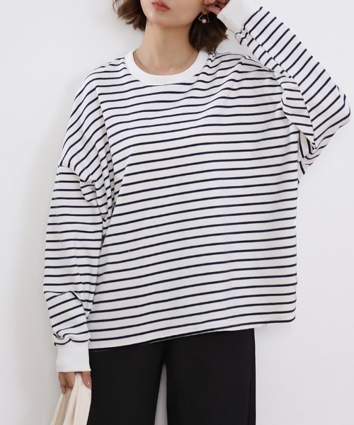 ReRe(リリ)の「ボーダーロングTシャツ(Tシャツ/カットソー・レディース・ブラック/グレー/ホワイト/ブラウン/イエロー・FREE)」の1枚目の写真