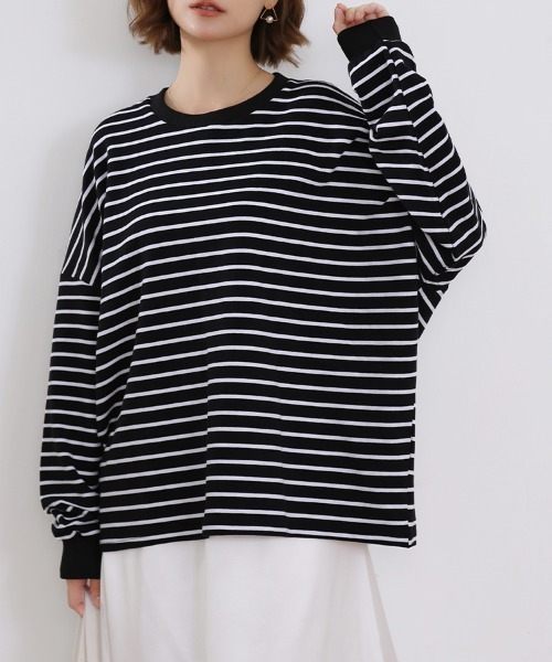 ReRe(リリ)の「ボーダーロングTシャツ(Tシャツ/カットソー・レディース・ブラック/グレー/ホワイト/ブラウン/イエロー・FREE)」の2枚目の写真
