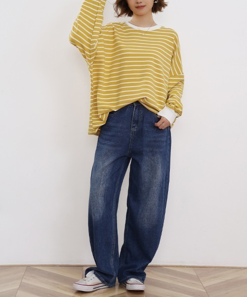 ReRe(リリ)の「ボーダーロングTシャツ(Tシャツ/カットソー・レディース・ブラック/グレー/ホワイト/ブラウン/イエロー・FREE)」の10枚目の写真