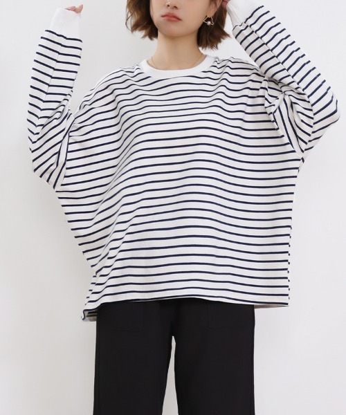 ReRe(リリ)の「ボーダーロングTシャツ(Tシャツ/カットソー・レディース・ブラック/グレー/ホワイト/ブラウン/イエロー・FREE)」の11枚目の写真