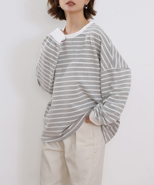 ReRe(リリ)の「ボーダーロングTシャツ(Tシャツ/カットソー・レディース・ブラック/グレー/ホワイト/ブラウン/イエロー・FREE)」の21枚目の写真