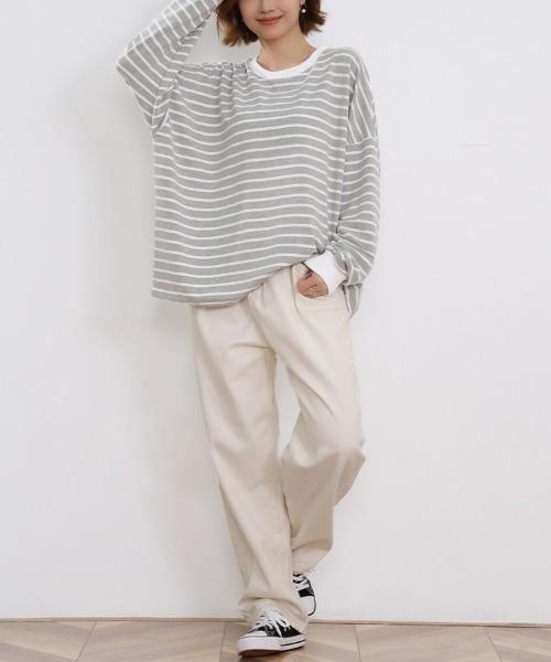 ReRe(リリ)の「ボーダーロングTシャツ(Tシャツ/カットソー・レディース・ブラック/グレー/ホワイト/ブラウン/イエロー・FREE)」の22枚目の写真