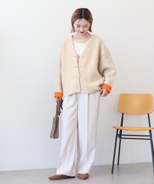 美品♪エブール 近年 Vネックカーディガン ゆったり ウール ベージュ sp2 VネックWフェイスニットカーディガン【WEB限定カラー有り