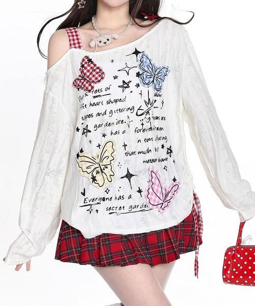 HOOK(フック)の「HOOK for girls Y2K バタフライ × レースアップ ロングスリーブ トップス(Tシャツ/カットソー・レディース・ライトベージュ/ダークグレー・SMALL/MEDIUM)」の2枚目の写真