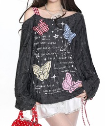 HOOK for girls Y2K バタフライ × レースアップ ロングスリーブ トップス