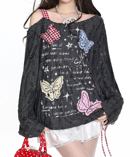 HOOK(フック)の「HOOK for girls Y2K バタフライ × レースアップ ロングスリーブ トップス(Tシャツ/カットソー・レディース・ライトベージュ/ダークグレー・SMALL/MEDIUM)」の1枚目の写真