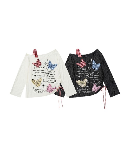HOOK(フック)の「HOOK for girls Y2K バタフライ × レースアップ ロングスリーブ トップス(Tシャツ/カットソー・レディース・ライトベージュ/ダークグレー・SMALL/MEDIUM)」の3枚目の写真