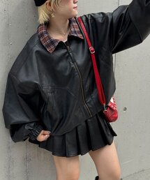 CIAOPANIC | チェック襟フェイクレザーバルーンショートブルゾン(ブルゾン)