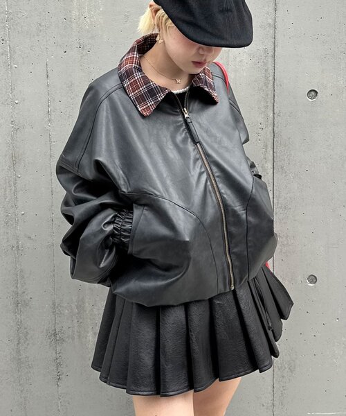 CIAOPANIC(チャオパニック)の「チェック襟フェイクレザーバルーンショートブルゾン(ブルゾン・レディース・ブラック/ベージュ/ブラウン・ONE SIZE)」の7枚目の写真