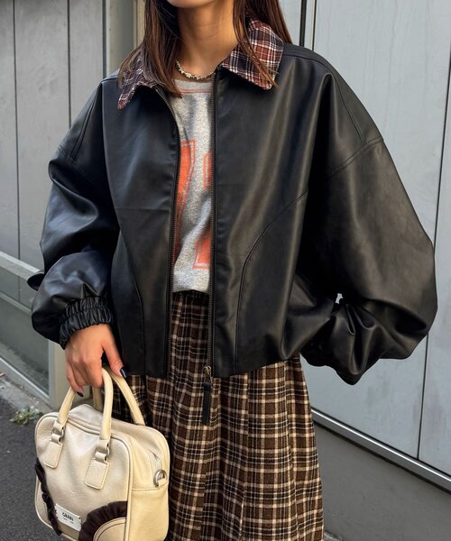 CIAOPANIC(チャオパニック)の「チェック襟フェイクレザーバルーンショートブルゾン(ブルゾン・レディース・ブラック/ベージュ/ブラウン・ONE SIZE)」の13枚目の写真